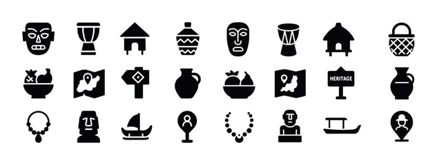 Collection of african cultural icon silhouettes: masks, drums, v