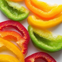 bell pepper slices arranged neatly, showing juicy interior and vibrant color gradients. Clean white background, high-contrast freshness, ideal for healthy food, meal-prep, and nutrition content.