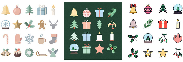 Naklejka premium Christmas Holiday Icon Set. Vector Collection of Cute Flat and Outlined Festive Elements.
