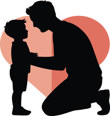 Silhouette of and child embracing with red heart shape background