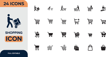 Shopping icon set. Containing Shop, store, cart, market, buyer, purchase, goods and more. Editable stroke. Online shopping, store, delivery, promotion and shopping cart symbol. Vector illustration