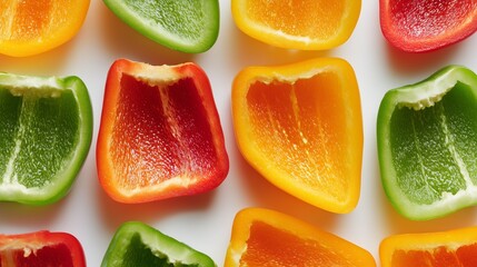 bell pepper slices arranged neatly, showing juicy interior and vibrant color gradients. Clean white background, high-contrast freshness, ideal for healthy food, meal-prep, and nutrition content.