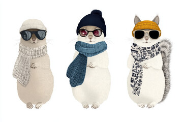 Three funny hipster squirrels wearing winter hats scarves and sunglasses, cute cartoon autumn animals friends illustration set isolated on white background

