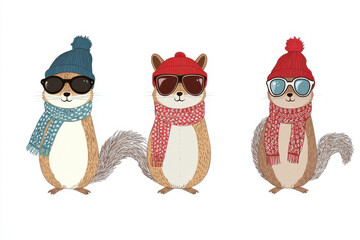 Three funny hipster squirrels wearing winter hats scarves and sunglasses, cute cartoon autumn animals friends illustration set isolated on white background

