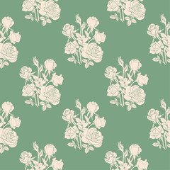 seamless continuous pattern of beige rose branches with thorns and buds on a green background.eps