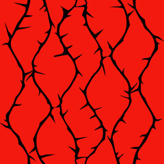 seamless continuous pattern of black rose branches with thorns on a red background.eps