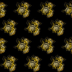 seamless  pattern of gold rose branches with thorns and buds on a black background.eps