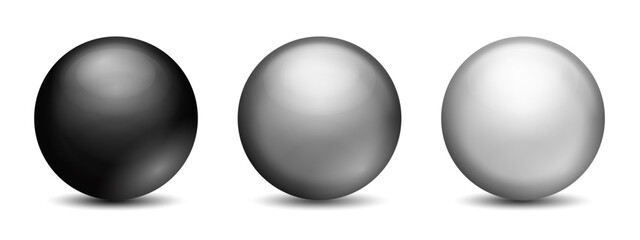 Realistic Chrome and Glass Balls Set &ndash; Black, Silver and Gray White Metallic 3D Orbs with Shiny Highlights, Luxury Jewelry Gemstone Vector Illustration