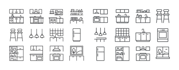 Modern kitchen icon set including appliances furniture and light