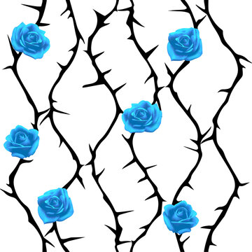 seamless continuous pattern of black rose branches with thorns and blue flowers on a white background.eps