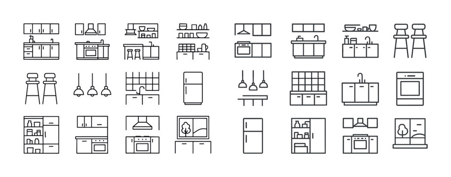 Modern kitchen icon set including appliances furniture and light