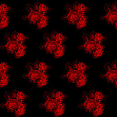 seamless  pattern of red rose branches with thorns and buds on a black background.eps