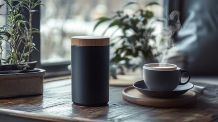 Dark gray cylindrical container near window