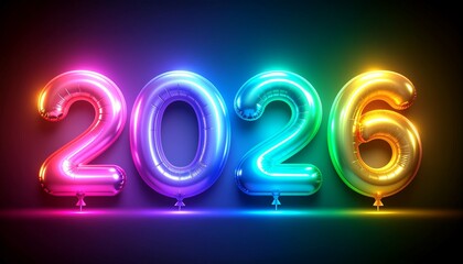 Colorful neon illuminated 2026 numbers on dark background for celebration and new year