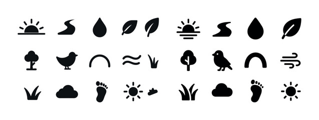 Obraz premium Nature icons set: sun, leaf, bird, tree, water, cloud, footprint