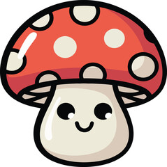 A cartoon of a smiling red mushroom with white spots on a white background