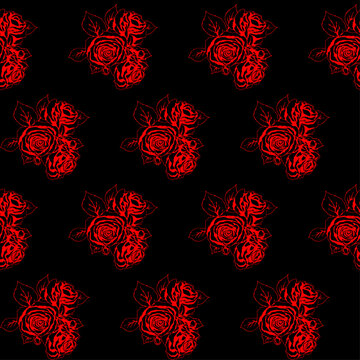 seamless  pattern of red rose branches with thorns and buds on a black background.eps