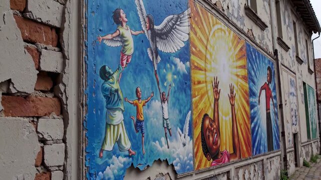 This inspiring video showcases a vibrant mural on a weathered wall, depicting scenes of hope, unity, and resilience. Each colorful section tells a story of humanity, reminding viewers of the power of 