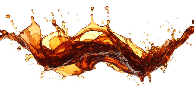 Dark cola splash with caramel brown tones and fizzy bubbles on transparent background