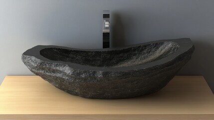Dark gray stone sink on wooden counter