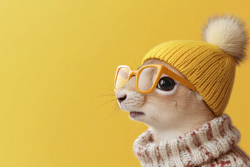 Cozy surprised squirrel in yellow winter hat and glasses on teal background, cute anthropomorphic woodland animal portrait illustration