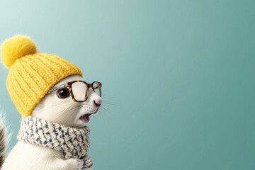 Cozy surprised squirrel in yellow winter hat and glasses on teal background, cute anthropomorphic woodland animal portrait illustration
