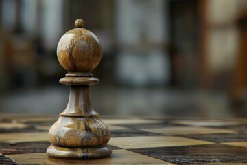 Close up of a wooden pawn on a chessboard, representing strategy, planning, and intellectual challenge