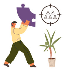 Man lifts puzzle piece, group icon within target, and potted plant beside. Ideal for strategy planning, goal aligning, problem-solving, teamwork, leadership target audience collaboration. Simple