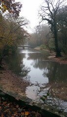 Tranquil autumn river scene with mist and vibrant trees reflected on the serene water surface