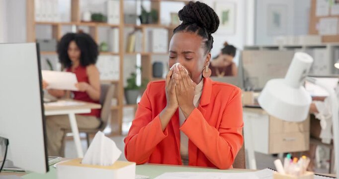 Sick woman, office desk and blowing nose with tissue for illness, sinus or allergy season. Female person, employee or influenza with virus or infection for bacteria, germs or hayfever in workplace