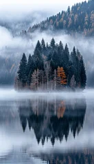 Poster Mistig bos Serene autumn river landscape  foggy reflections of colorful trees in a peaceful setting  © Philipp