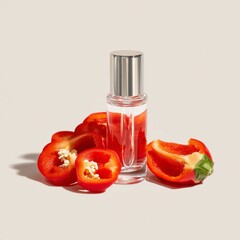 Transparent glass vial with silver or gold cap filled with natural red pepper extract. Fresh sliced bell peppers placed beside on a bright white background with refined shadows