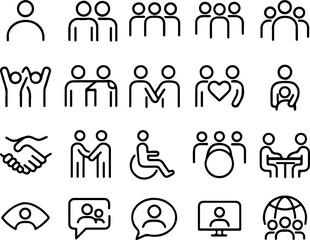 Minimalist Modern Community Outline Icons Set – People, Friendship, Social & Inclusion, Editable Stroke
