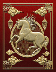 White golden horse relief with red oriental frame