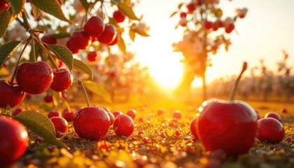 Harvesting the Golden Glow Ripe Cherries in Warm Sunlight for Refreshing Summer Themes