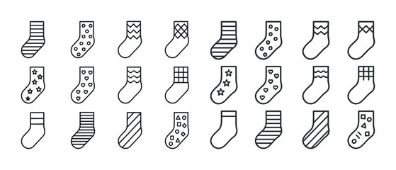 Set of 20 line art socks with various patterns in black and whit