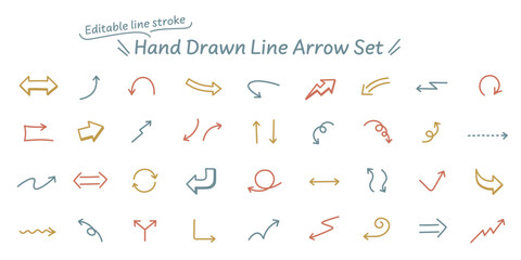 Editable vector data. Colorful line icon set of hand-drawn arrows