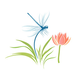 Naklejka premium Serene Dragonfly on Lotus Flower, Nature Illustration with Transparent Background