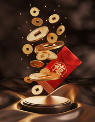 Red envelope with floating gold coins prosperity podium concept
