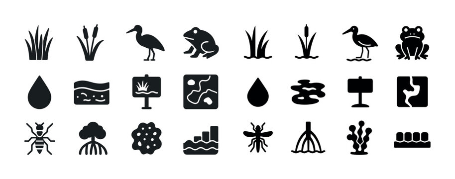 Black silhouette icons of wetland animals plants and ecosystem e