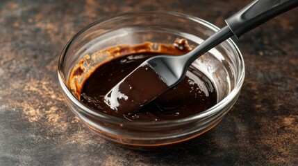 Dark sauce in glass bowl with spoon