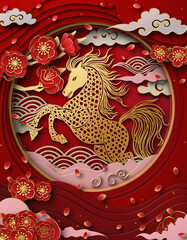 Golden zodiac horse inside red circular oriental ornament