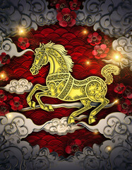 Golden horse with clouds and red roses oriental symbolism