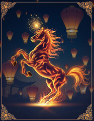 Fiery horse with lanterns oriental festival night illustration
