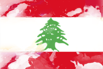 Watercolor rendition of a nation's banner, features a stylized green cedar tree on a white stripe between two red stripes, conveying a patriotic theme