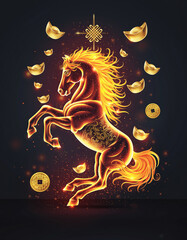 Fiery golden horse with floating coins oriental prosperity art