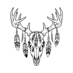 Boho style black and white deer skull illustration decorated with feathers and beads