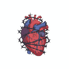 A stylized illustration of a human heart entangled in sharp barbed wire on a white background