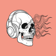A skull wearing headphones with sound waves illustration for music and death concepts