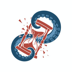 Octopus tentacle grabbing a shattering hourglass, symbolizing time running out